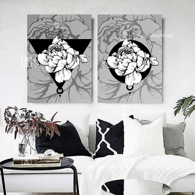 Картина модульная из двух частей черно белая "Неведомые цветы"