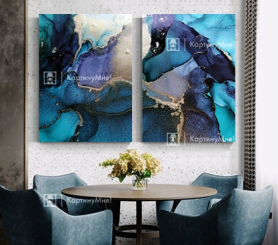 Модульная картина абстракция в гостиную  "Золотой аквамарин"