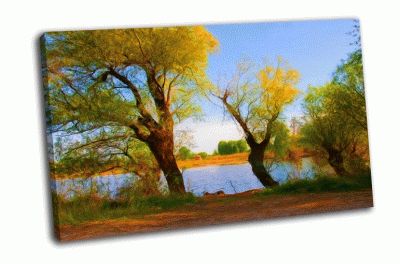 Картина деревья на берегу реки