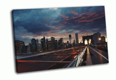 Картина манхэттен с бруклинским мостом в сумерках