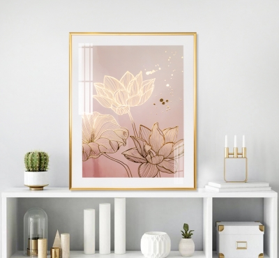 Картина интерьерная в раме под стеклом/ картина с золотой поталью "Очарование лотоса 2", общий размер 40х50 см