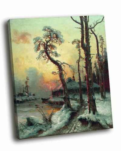 Репродукция картины юлий клевер - зимний пейзаж с рекой и домами
