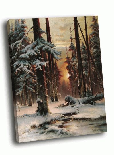 Репродукция картины юлий клевер - зимний закат в еловом лесу